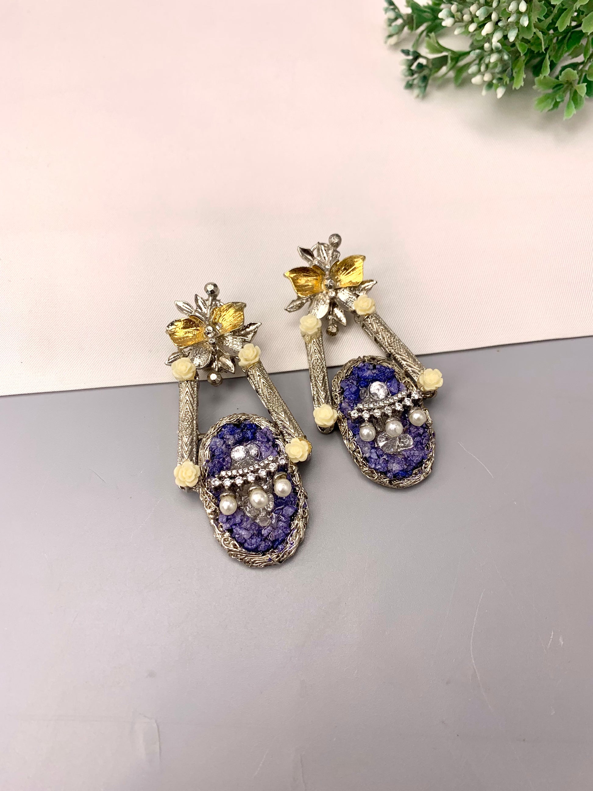 Asmana handcrafted earrings with American Diamonds, semi-precious Pearls and natural gemstones in Maroon, Blue and Peach variants