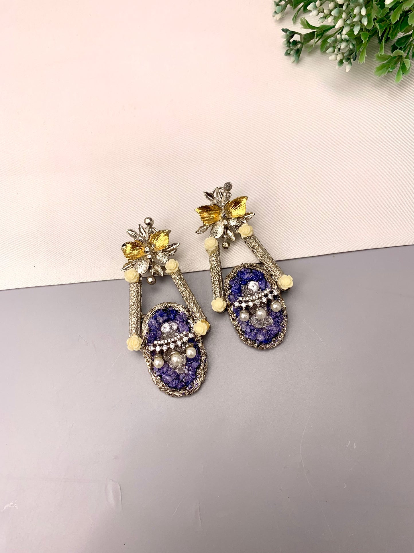 Asmana handcrafted earrings with American Diamonds, semi-precious Pearls and natural gemstones in Maroon, Blue and Peach variants