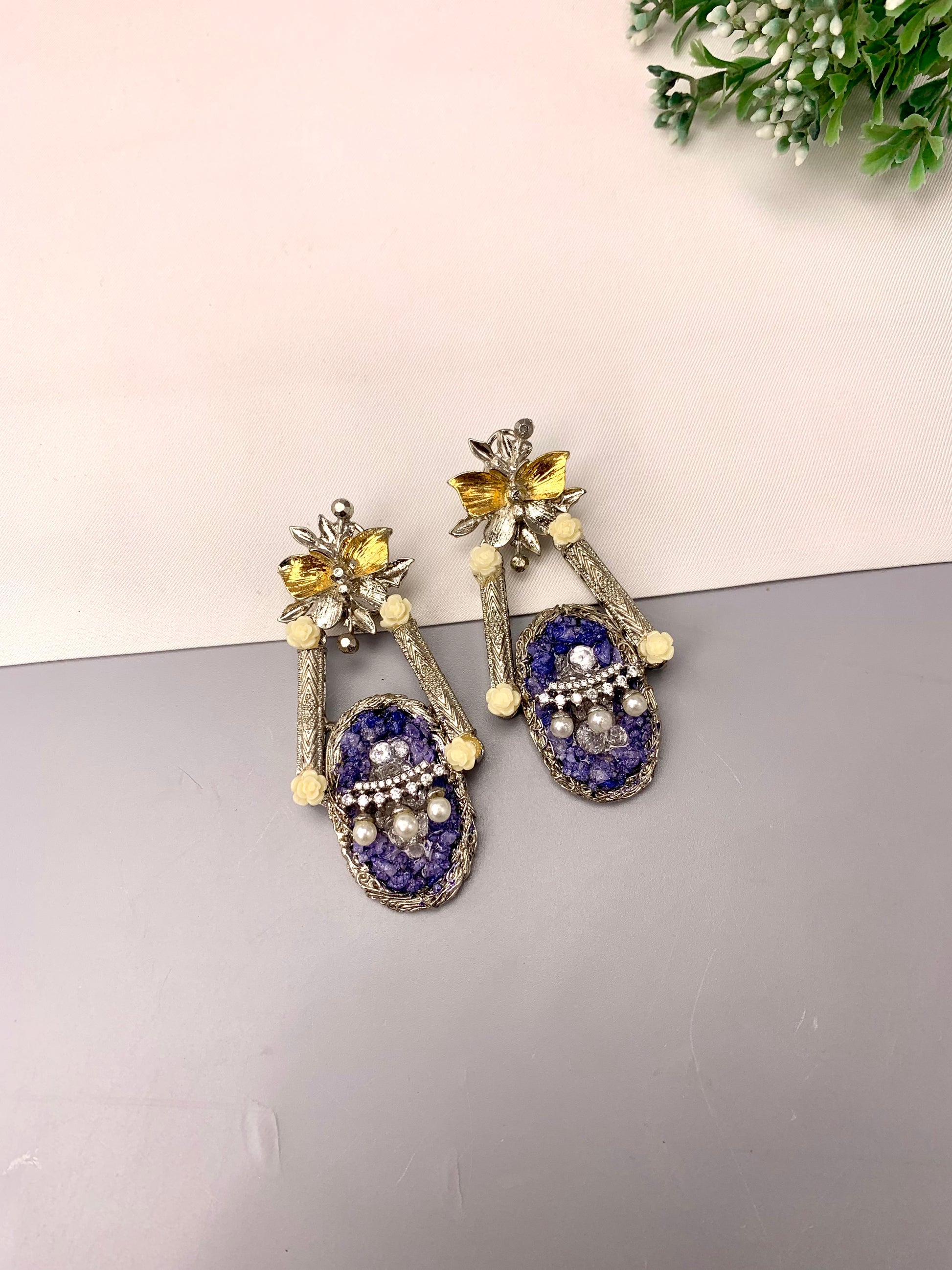 Asmana handcrafted earrings with American Diamonds, semi-precious Pearls and natural gemstones in Maroon, Blue and Peach variants