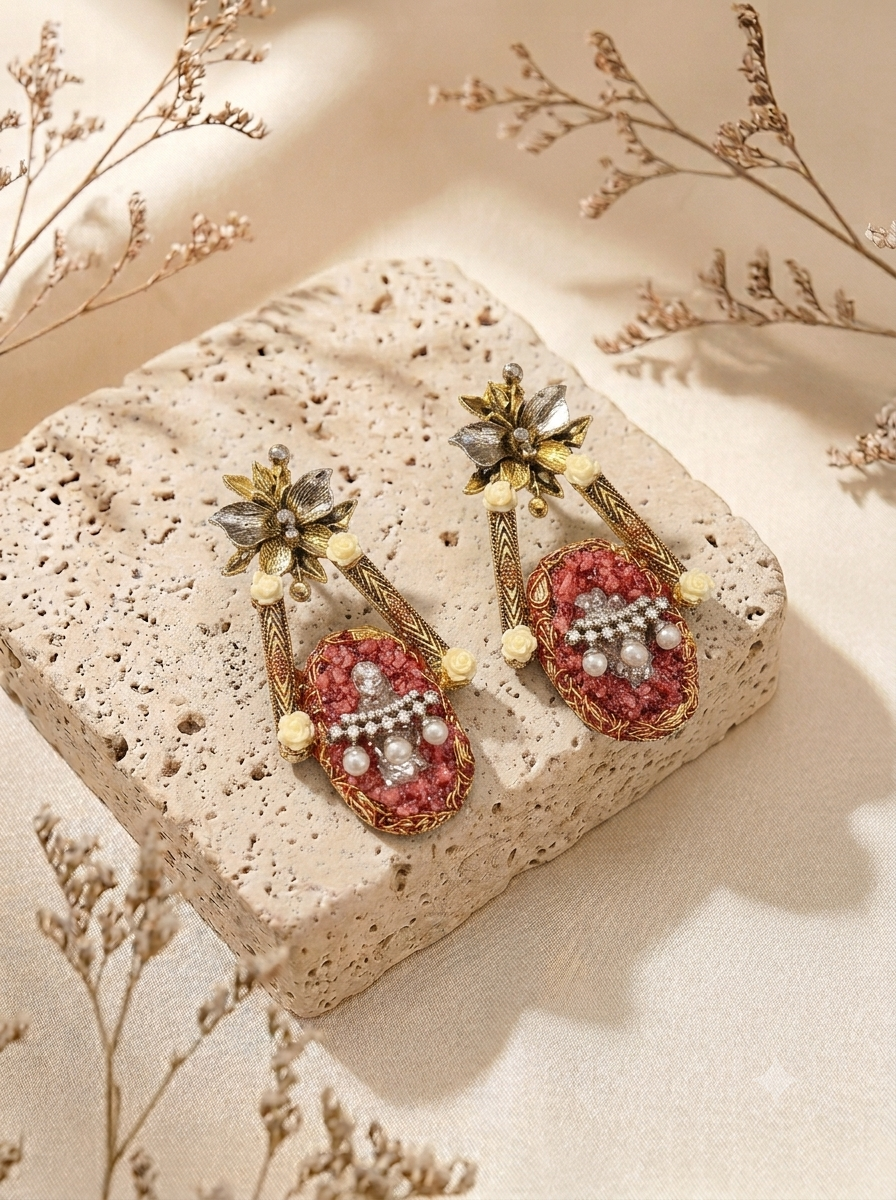 Asmana handcrafted earrings with American Diamonds, semi-precious Pearls and natural gemstones in Maroon, Blue and Peach variants