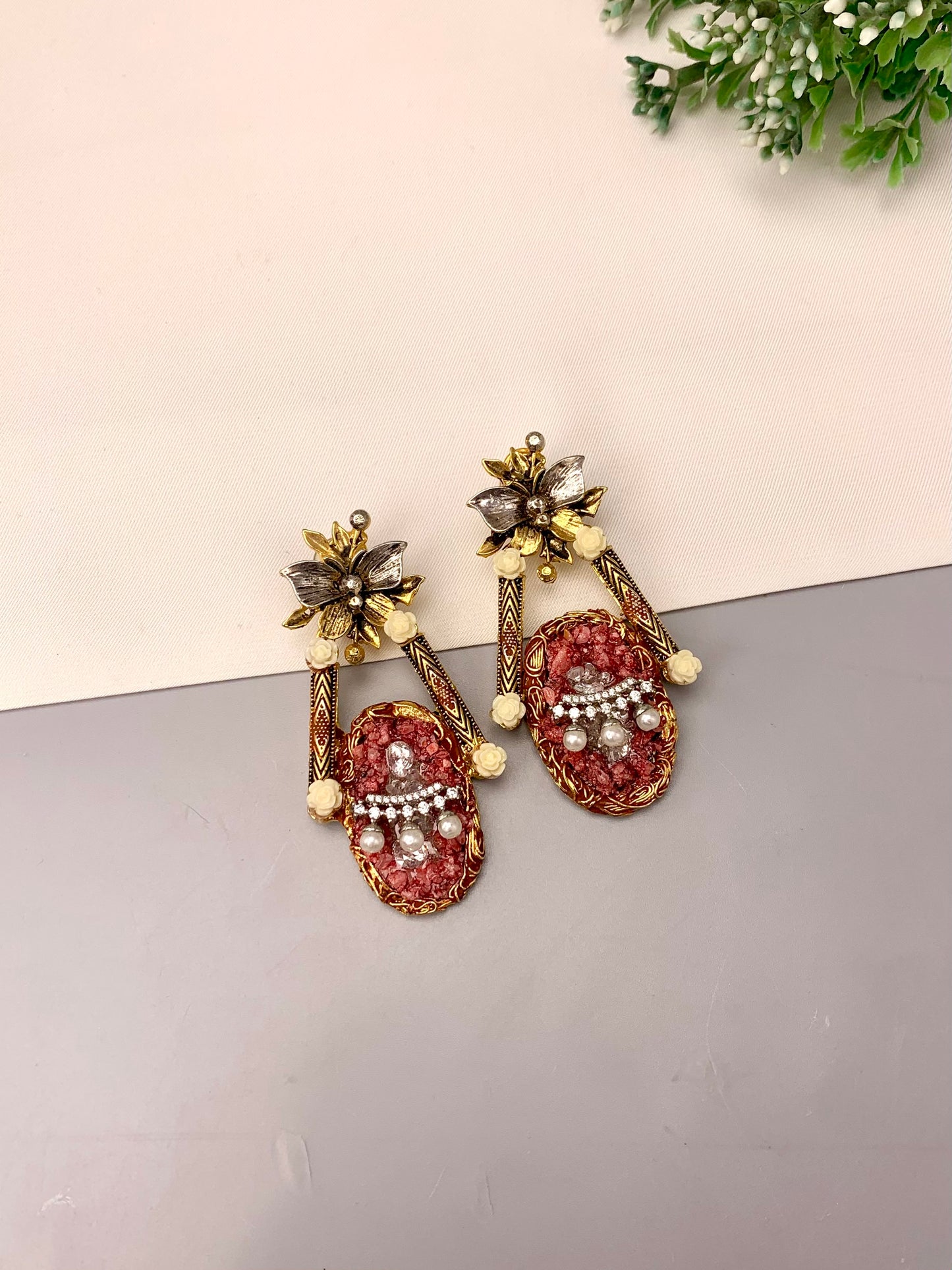 Asmana handcrafted earrings with American Diamonds, semi-precious Pearls and natural gemstones in Maroon, Blue and Peach variants