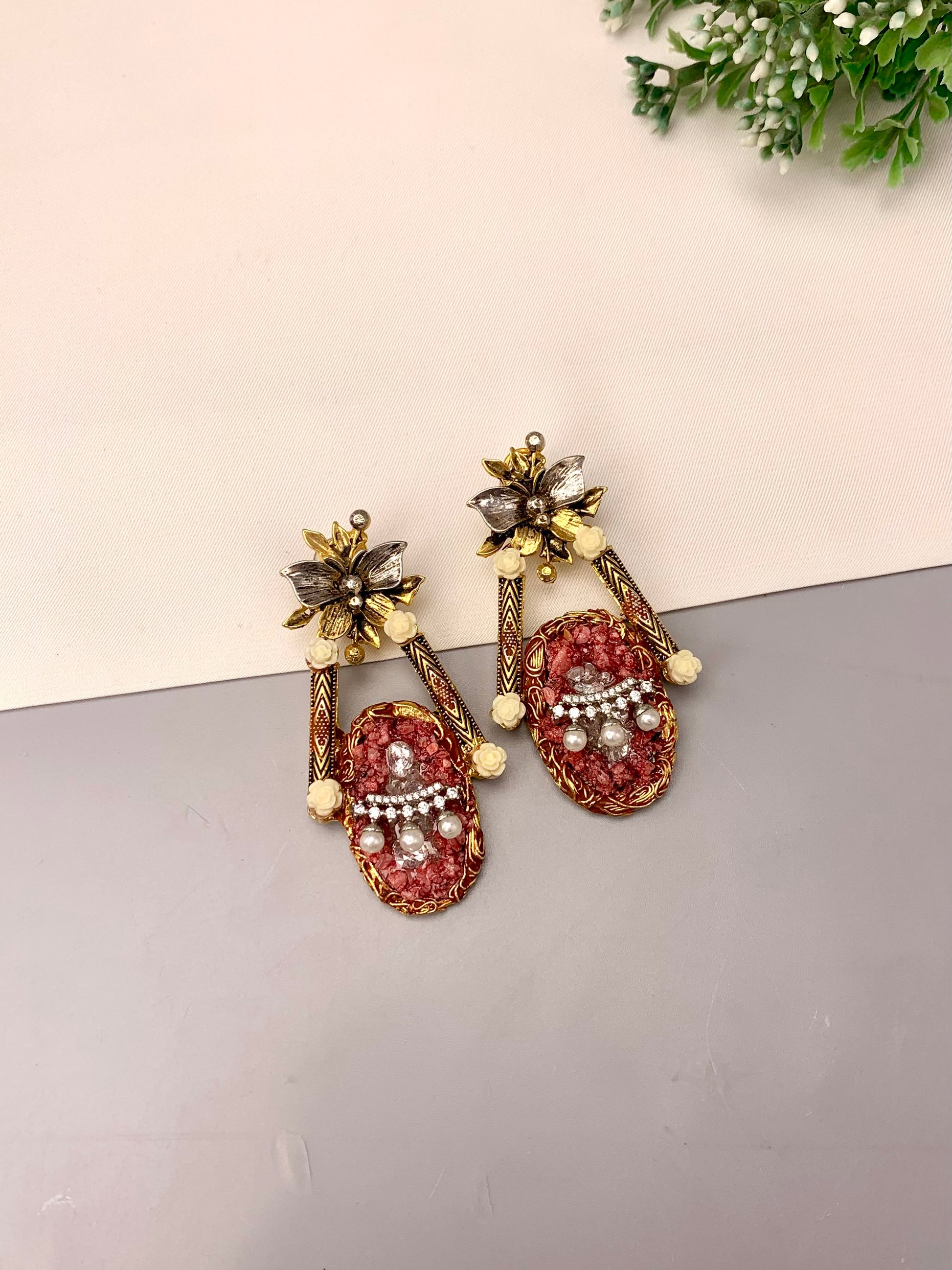 Asmana handcrafted earrings with American Diamonds, semi-precious Pearls and natural gemstones in Maroon, Blue and Peach variants