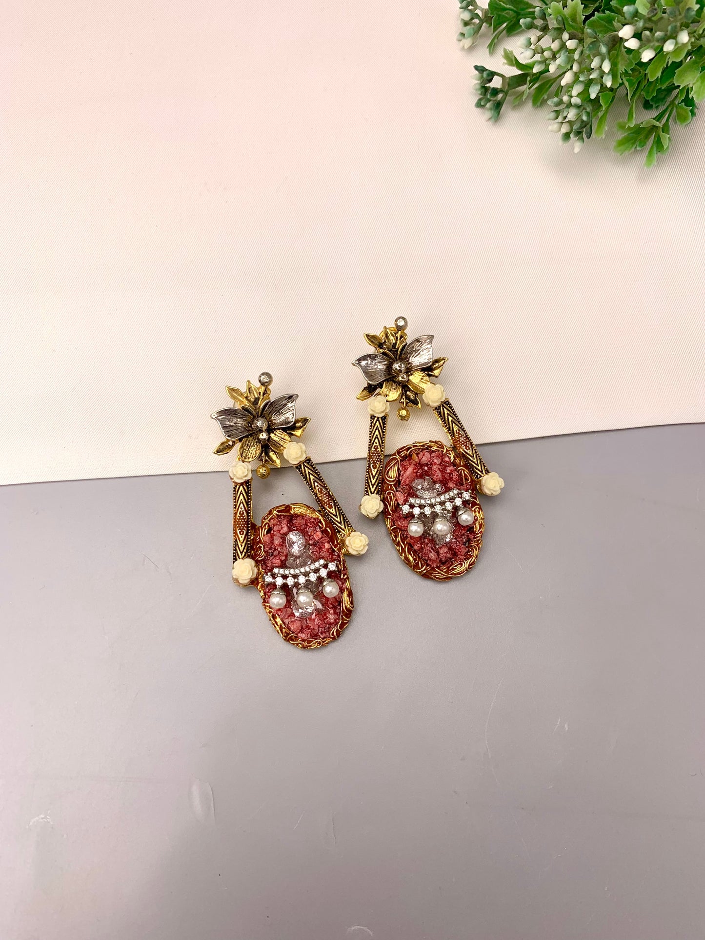 Asmana handcrafted earrings with American Diamonds, semi-precious Pearls and natural gemstones in Maroon, Blue and Peach variants