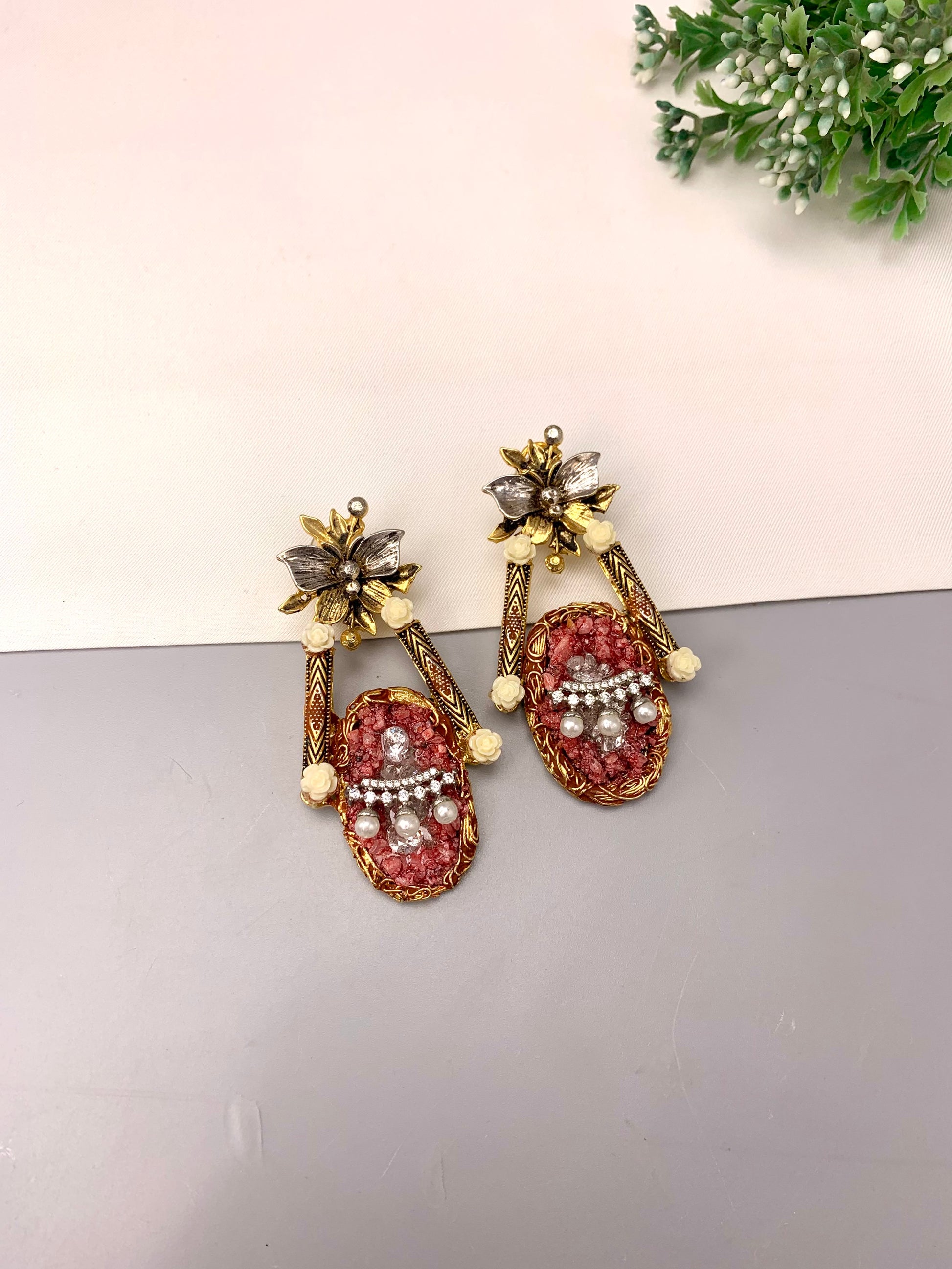 Asmana handcrafted earrings with American Diamonds, semi-precious Pearls and natural gemstones in Maroon, Blue and Peach variants