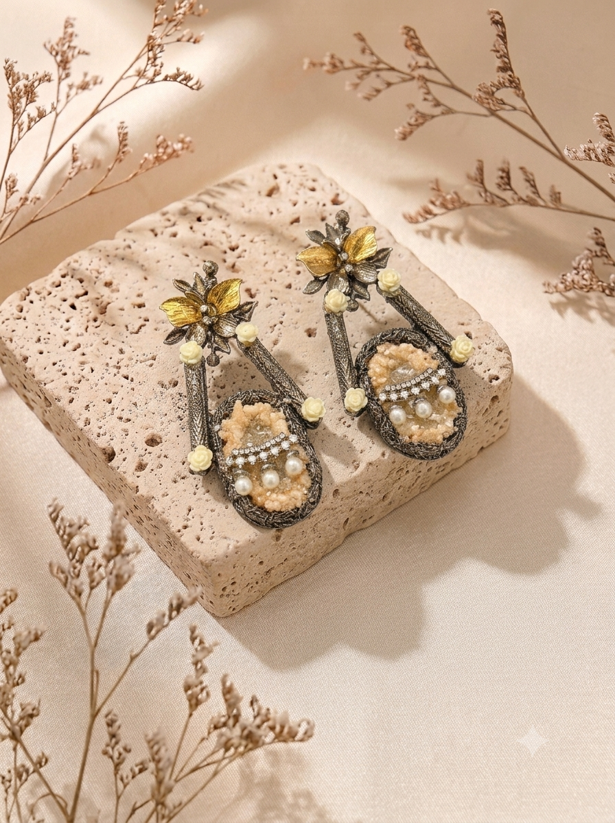 A pair of ornate dangling earrings displayed on a textured stone block. The earrings feature dark gray metal frames with yellow floral accents, small pearl-like beads, and a central oval section filled with tiny white stones.