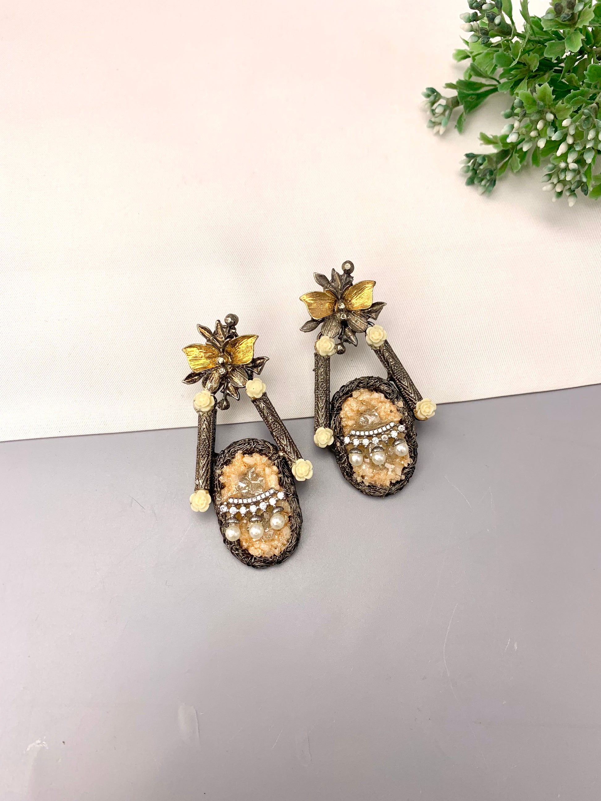 Asmana handcrafted earrings with American Diamonds, semi-precious Pearls and natural gemstones in Maroon, Blue and Peach variants