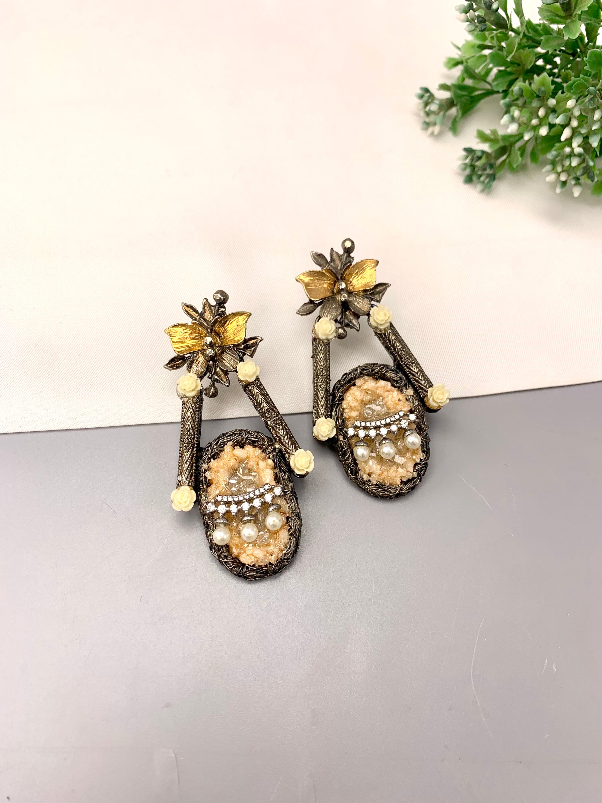 Asmana handcrafted earrings with American Diamonds, semi-precious Pearls and natural gemstones in Maroon, Blue and Peach variants