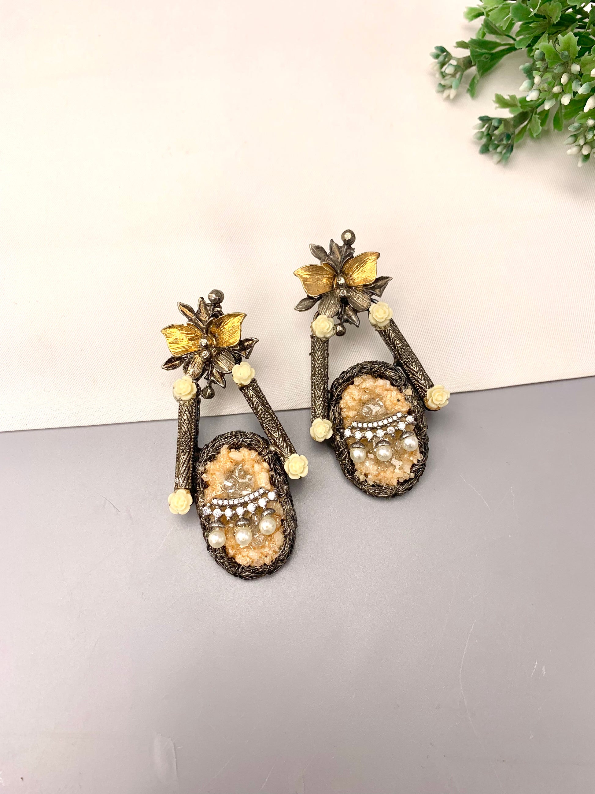 Asmana handcrafted earrings with American Diamonds, semi-precious Pearls and natural gemstones in Maroon, Blue and Peach variants
