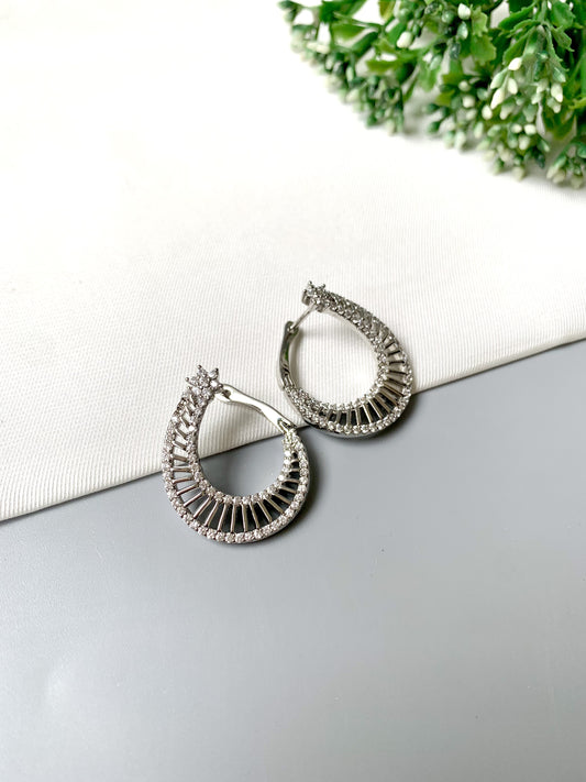 Astrella Hoops – Rhodium plated designer earrings with American Diamonds from Zamal Jewels FORMA Collection