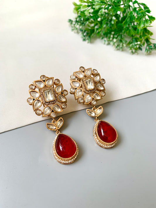 Aurelia Ruby Earrings in 22kt Victorian Gold Matte Finish with American Diamonds, Polki Kundan & Semi-Precious Ruby Doublet Stone by Zamal Jewels