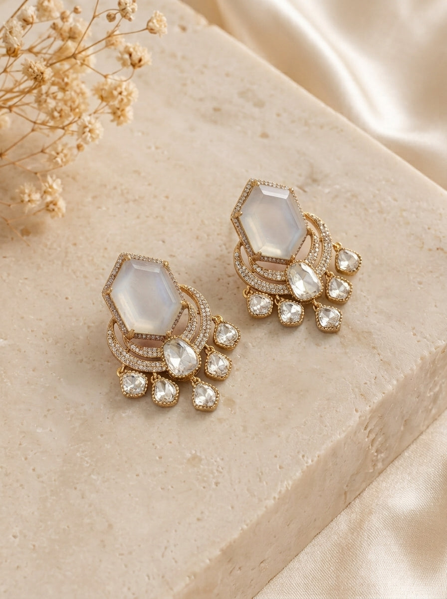 Avaani Ivory handcrafted earrings with American Diamonds, Polki Diamonds and Doublet Stones