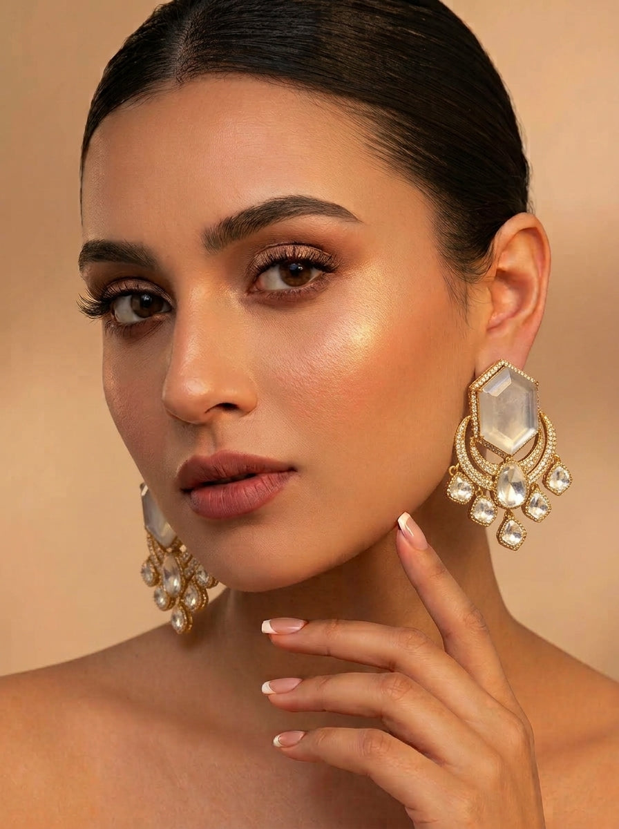 Avaani Ivory handcrafted earrings with American Diamonds, Polki Diamonds and Doublet Stones