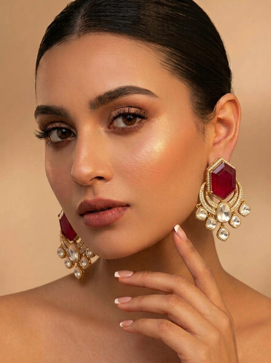 Avaani Ruby handcrafted earrings with American Diamonds, Polki Diamonds and Doublet Stones