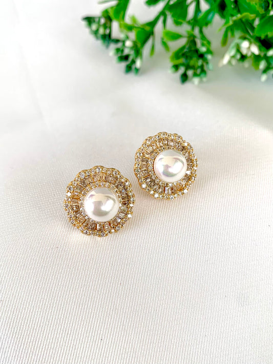 22kt Gold Plated Pearl and Diamond Stud Earrings by Zamal Jewels