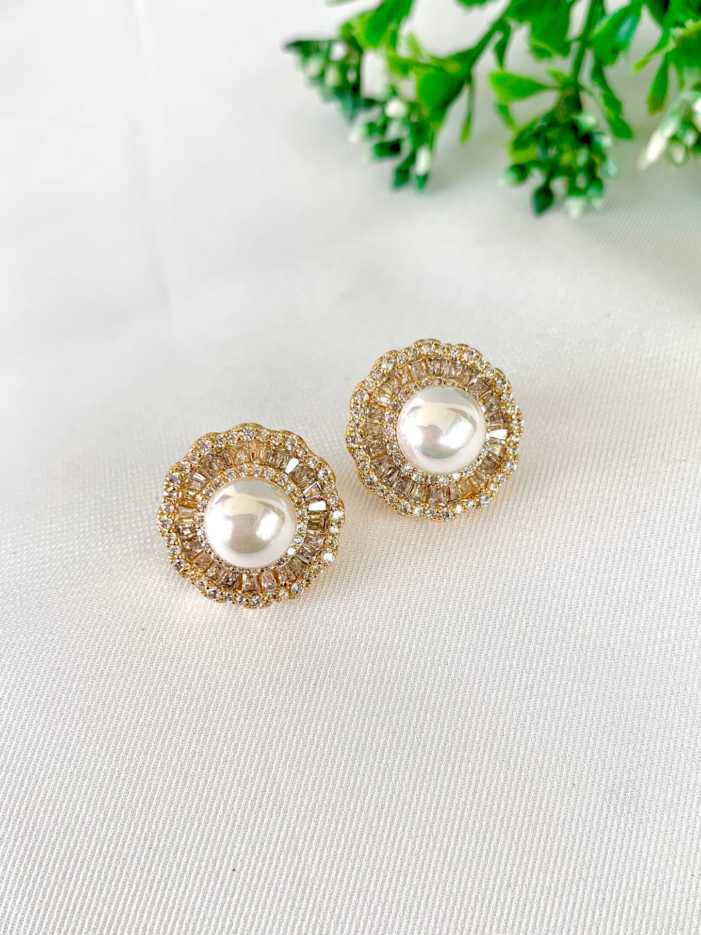 22kt Gold Plated Pearl and Diamond Studs by Zamal Jewels