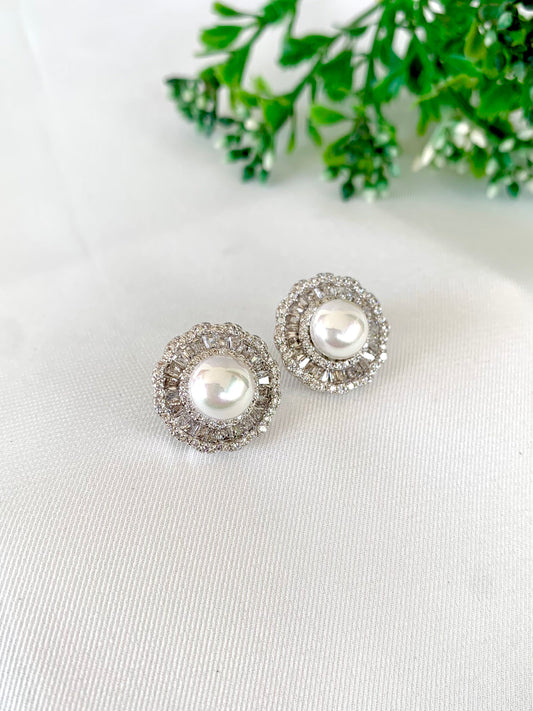 Rhodium Plated Pearl Stud Earrings with American Diamonds – Zamal Jewels