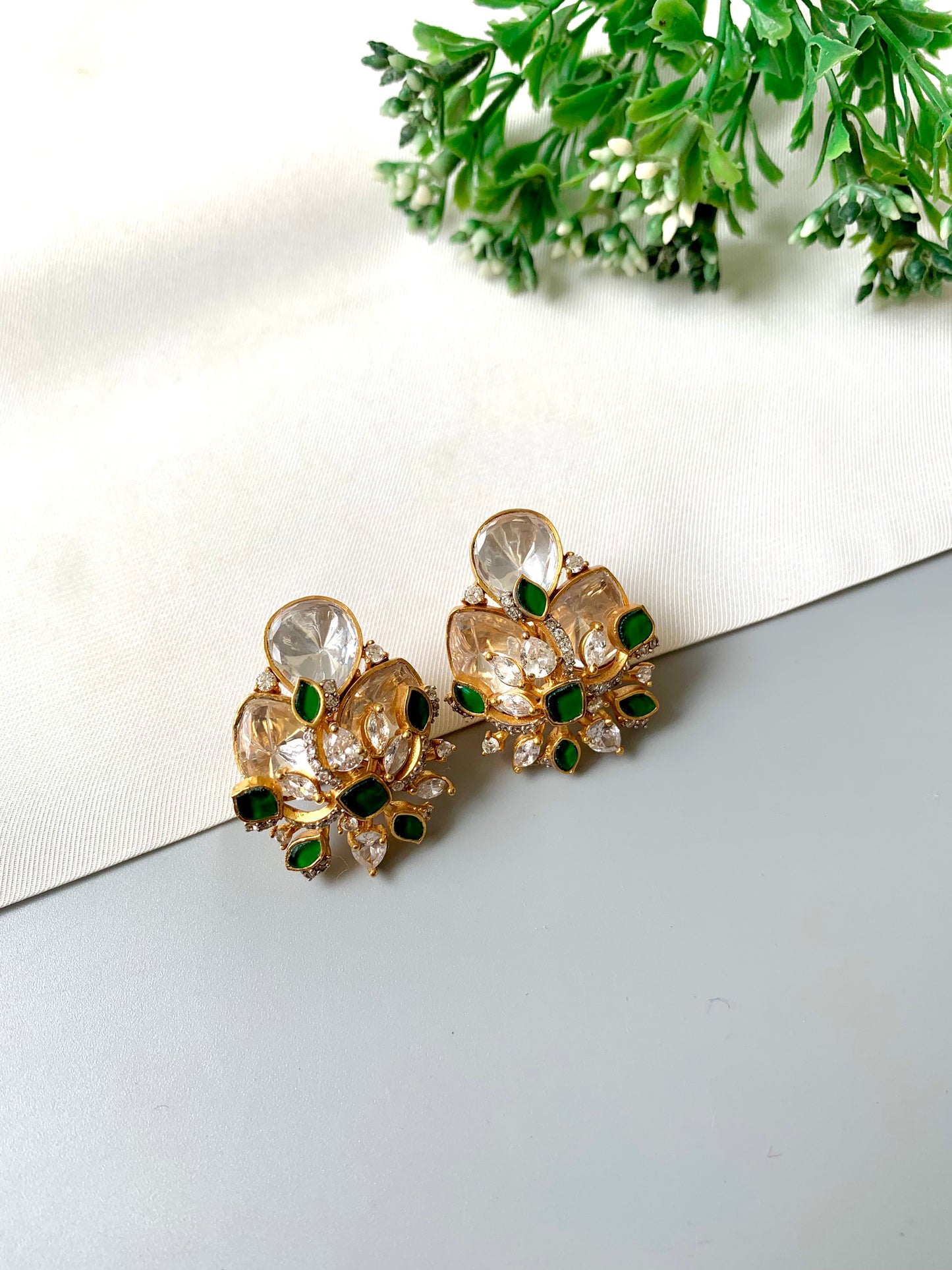 Azina Studs – Emerald Variant with 22kt Gold Plating, Moissanite, Polki Kundan & American Diamonds by Zamal Jewels