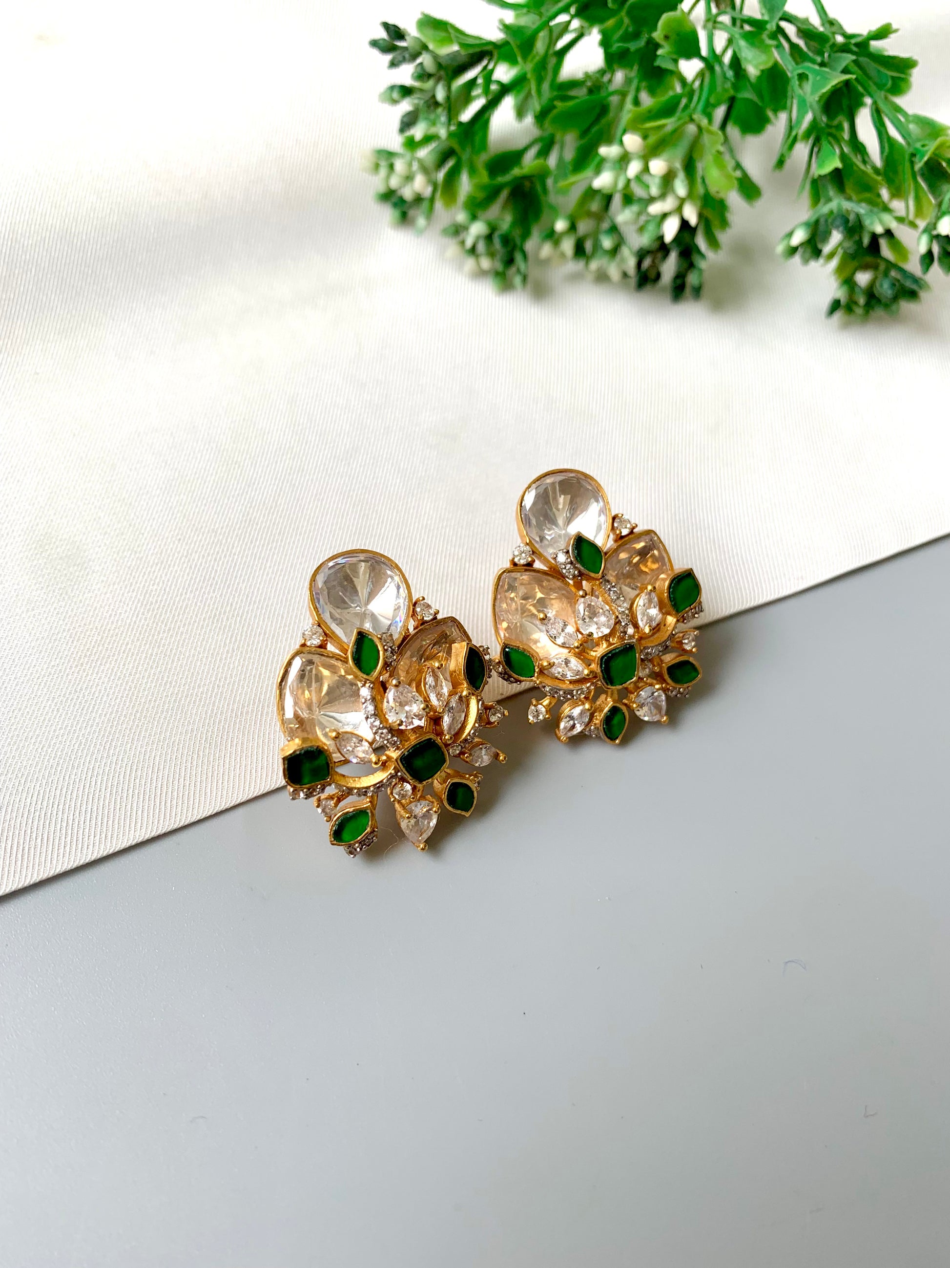 Azina Studs – Emerald Variant with 22kt Gold Plating, Moissanite, Polki Kundan & American Diamonds by Zamal Jewels