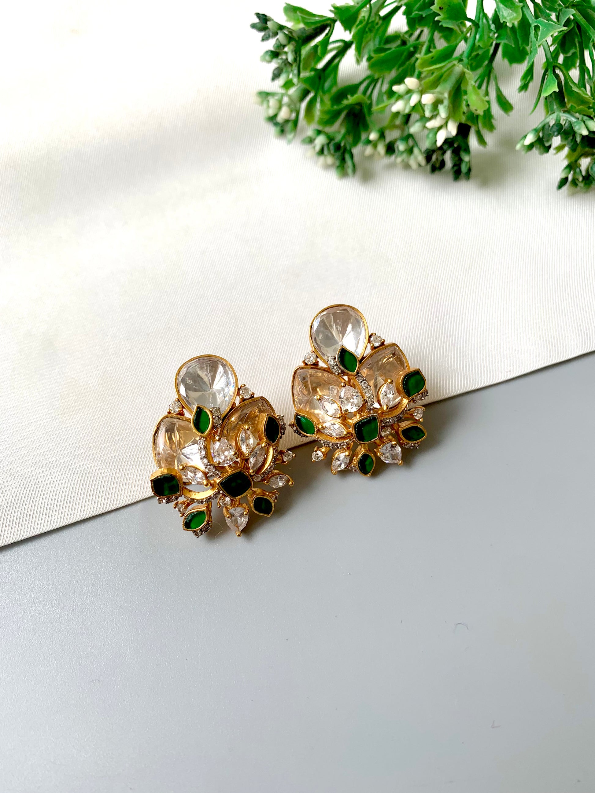 Azina Studs – Emerald Variant with 22kt Gold Plating, Moissanite, Polki Kundan & American Diamonds by Zamal Jewels
