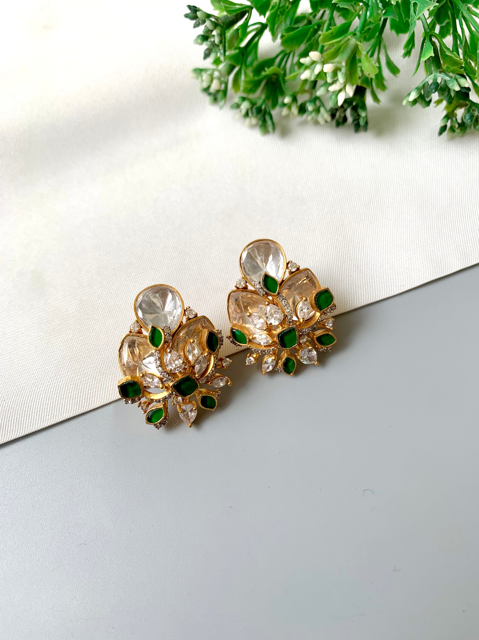 Azina Studs – Emerald Variant with 22kt Gold Plating, Moissanite, Polki Kundan & American Diamonds by Zamal Jewels