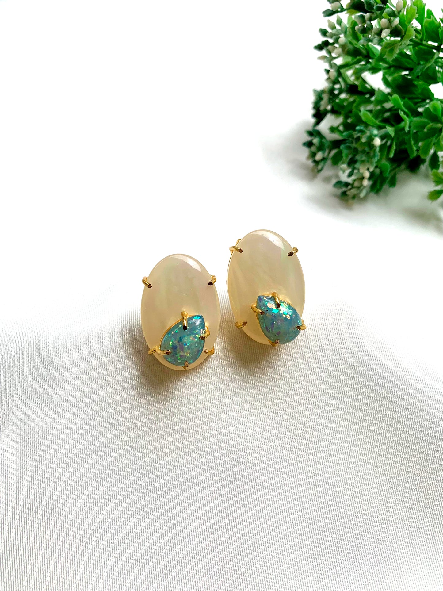 Baharam handcrafted 22kt gold plated studs with semi-precious real Mother of Pearl and natural gemstones