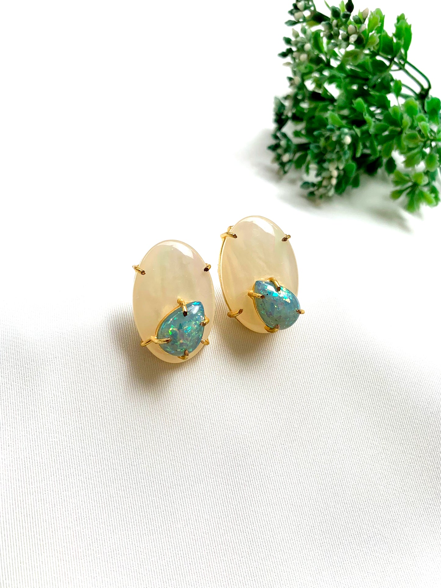 Baharam handcrafted 22kt gold plated studs with semi-precious real Mother of Pearl and natural gemstones