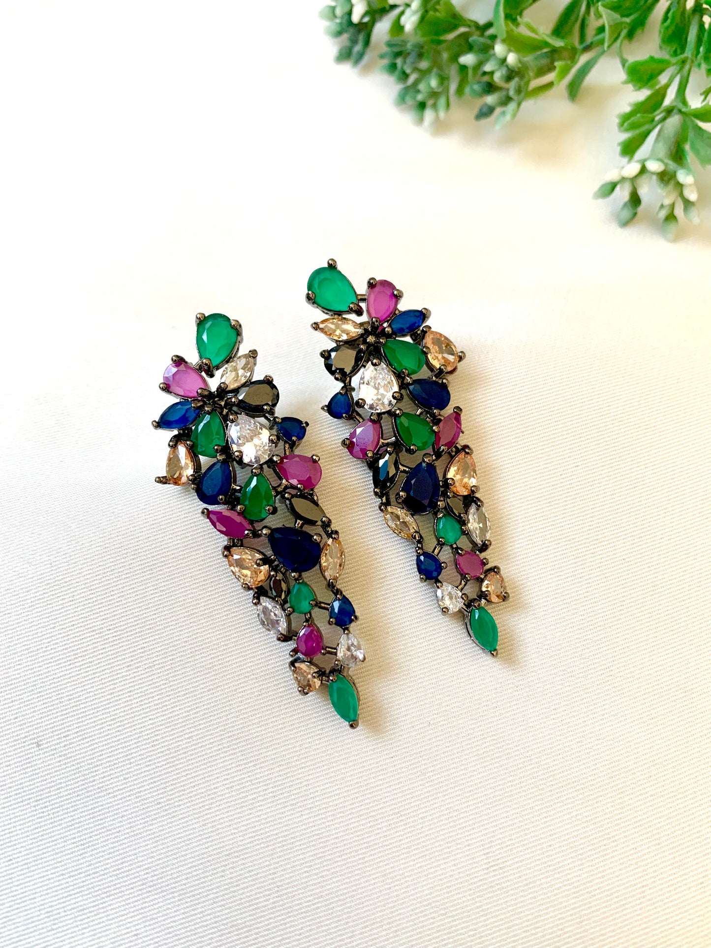 Bamika handcrafted black oxidized rhodium plated earrings with American Diamonds and semi-precious Ruby, Emerald, Sapphire, Onyx and Champagne stones