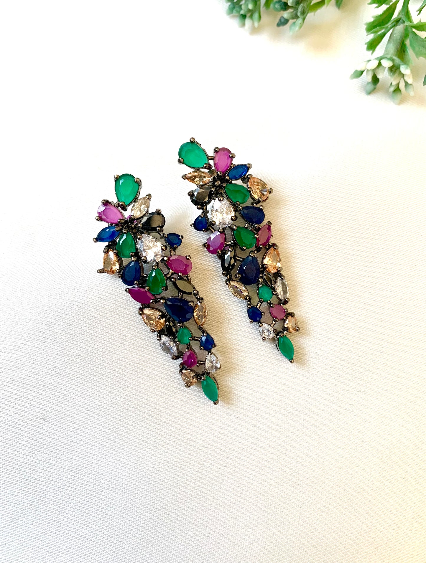 Bamika handcrafted black oxidized rhodium plated earrings with American Diamonds and semi-precious Ruby, Emerald, Sapphire, Onyx and Champagne stones