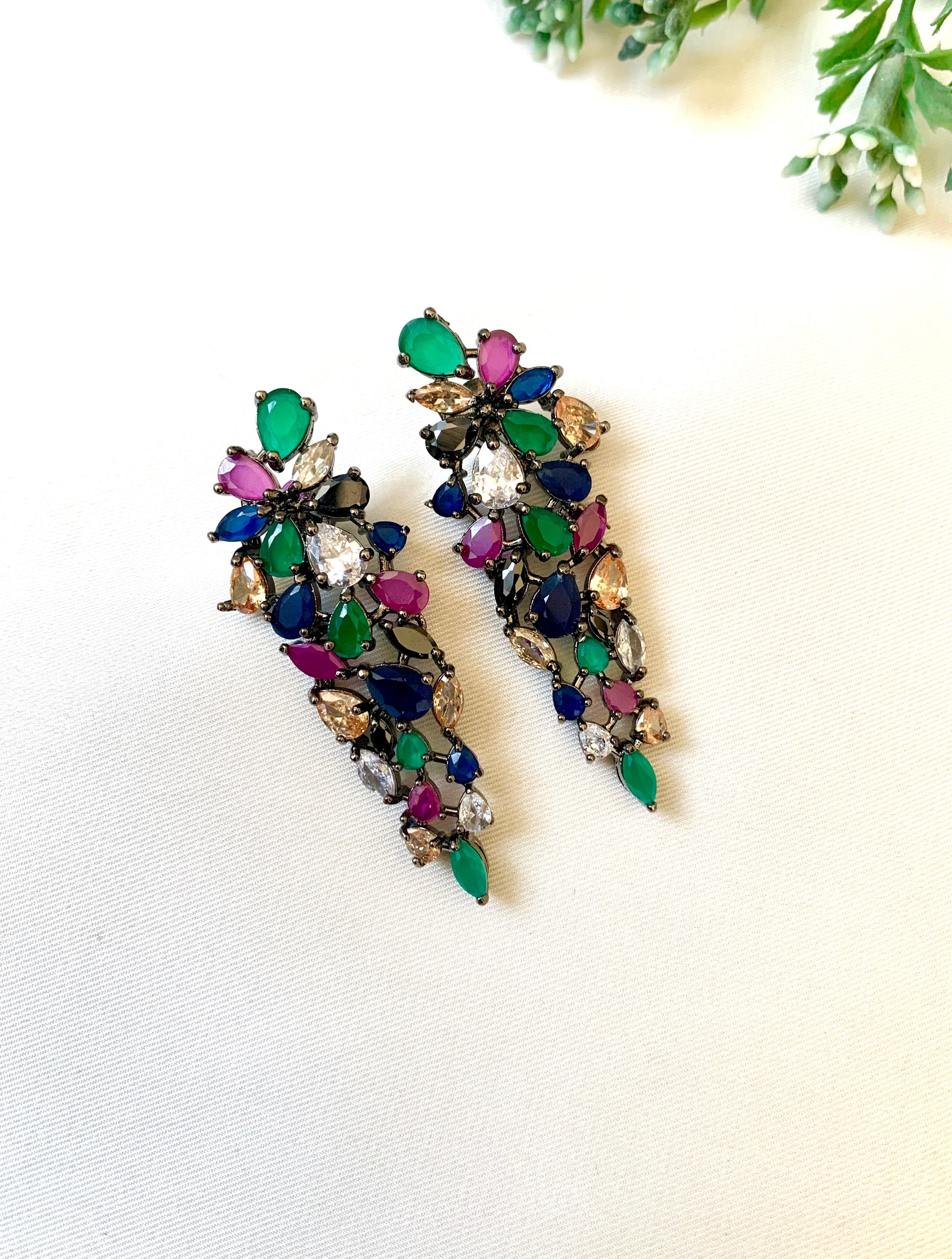 Bamika handcrafted black oxidized rhodium plated earrings with American Diamonds and semi-precious Ruby, Emerald, Sapphire, Onyx and Champagne stones