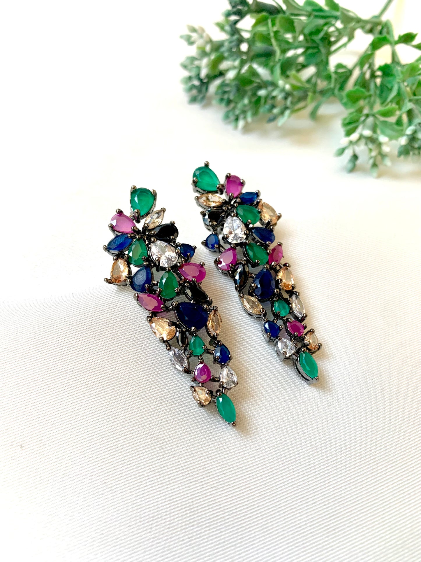 Bamika handcrafted black oxidized rhodium plated earrings with American Diamonds and semi-precious Ruby, Emerald, Sapphire, Onyx and Champagne stones
