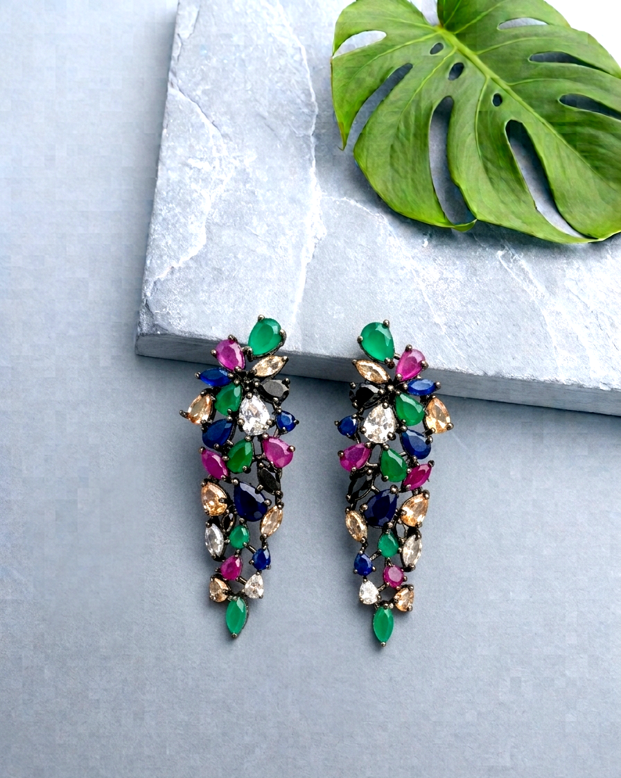Bamika handcrafted black oxidized rhodium plated earrings with American Diamonds and semi-precious Ruby, Emerald, Sapphire, Onyx and Champagne stones