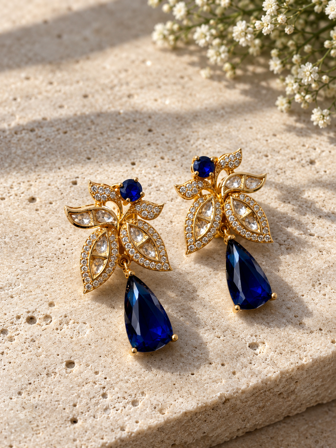 A pair of gold leaf-shaped drop earrings with clear rhinestone accents, a small dark blue stone at the top, and a large faceted dark blue teardrop pendant, displayed on a textured beige stone surface with soft white flowers in the background.