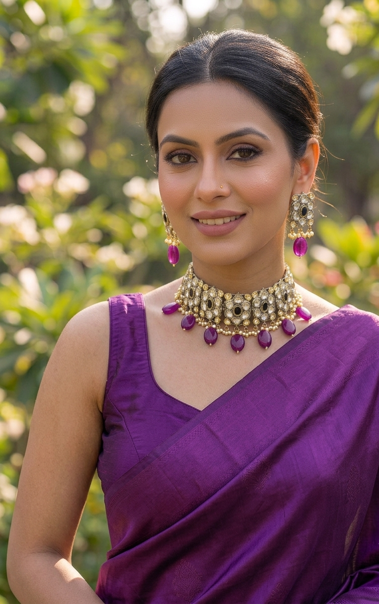 Bilna handcrafted rhodium plated choker set with Polki Kundan, semi-precious amethyst, sapphire and pearls
