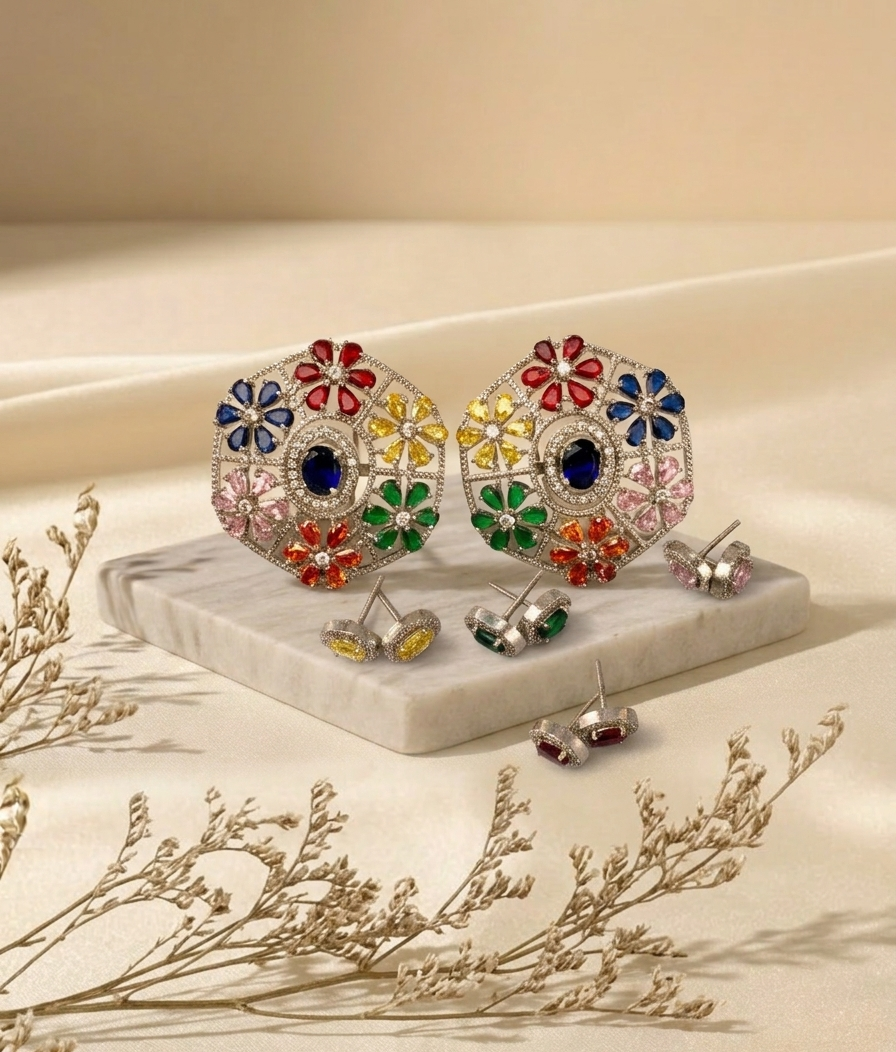Bina handcrafted rhodium plated changeable stud set with American diamonds and interchangeable semi-precious ruby, emerald, sapphire and onyx studs