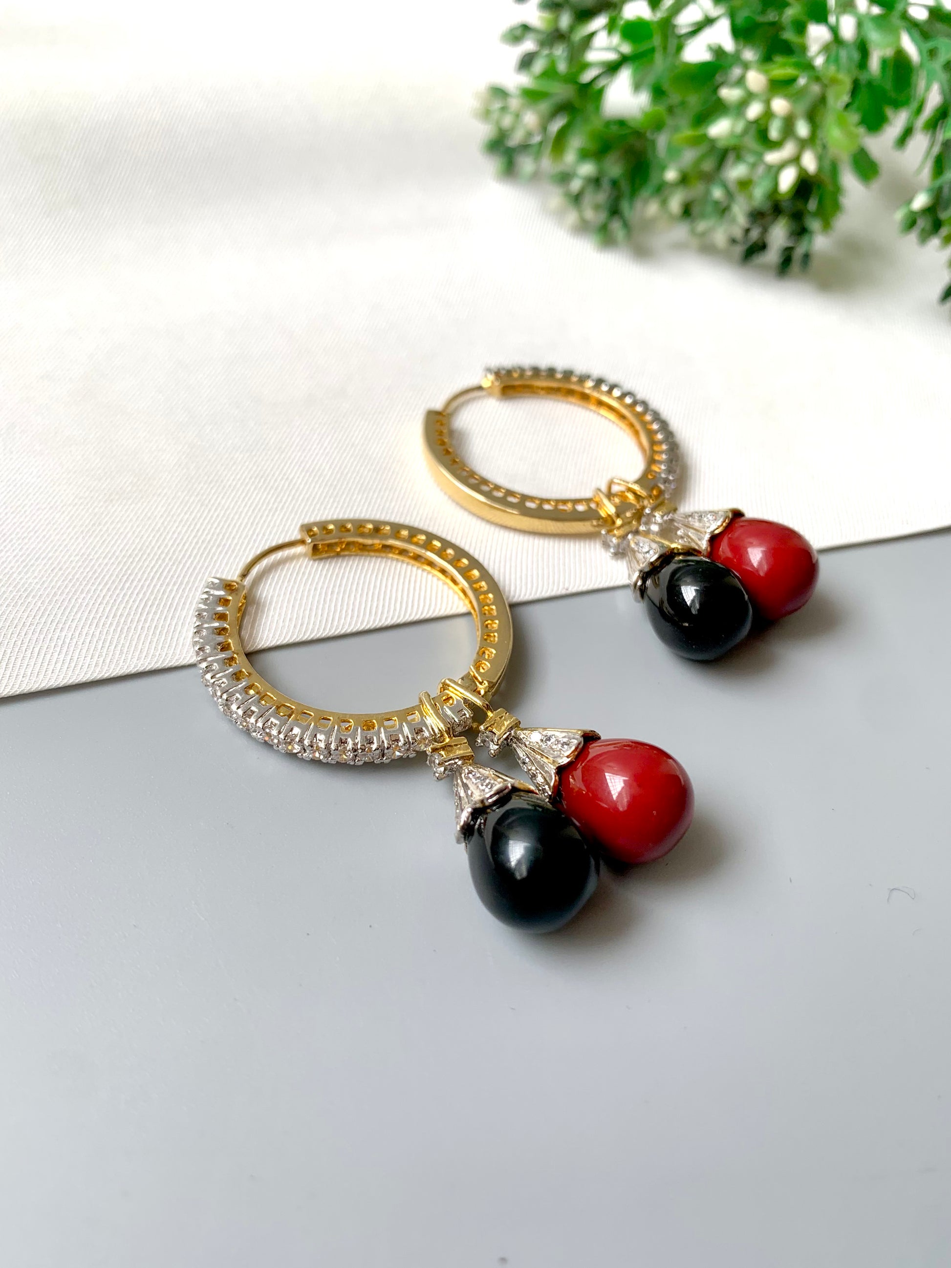 Calisse Changeable Earrings with 22kt Gold Plating, Coral & Onyx Droplets and American Diamonds by Zamal Jewels