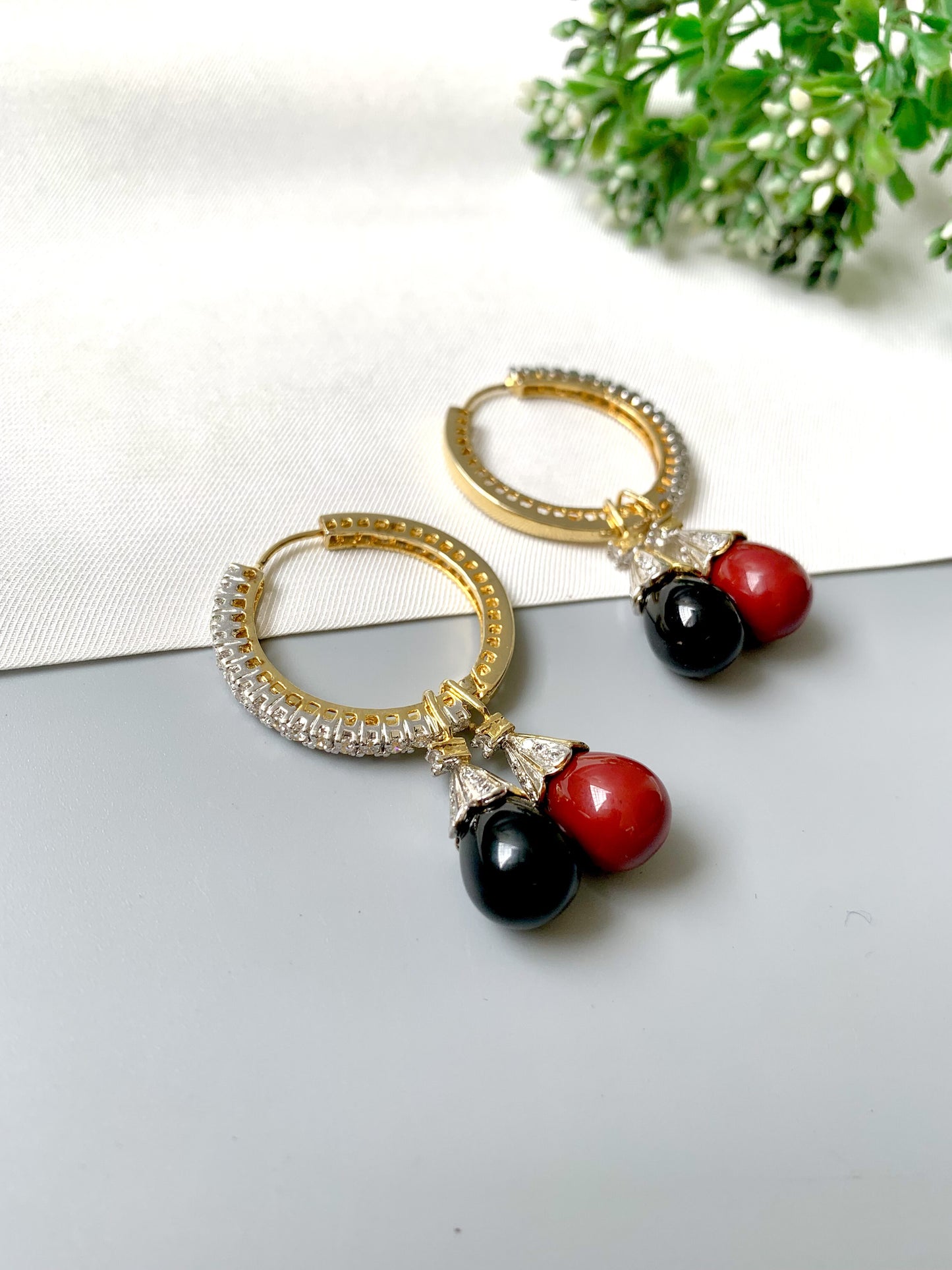 Calisse Changeable Earrings with 22kt Gold Plating, Coral & Onyx Droplets and American Diamonds by Zamal Jewels