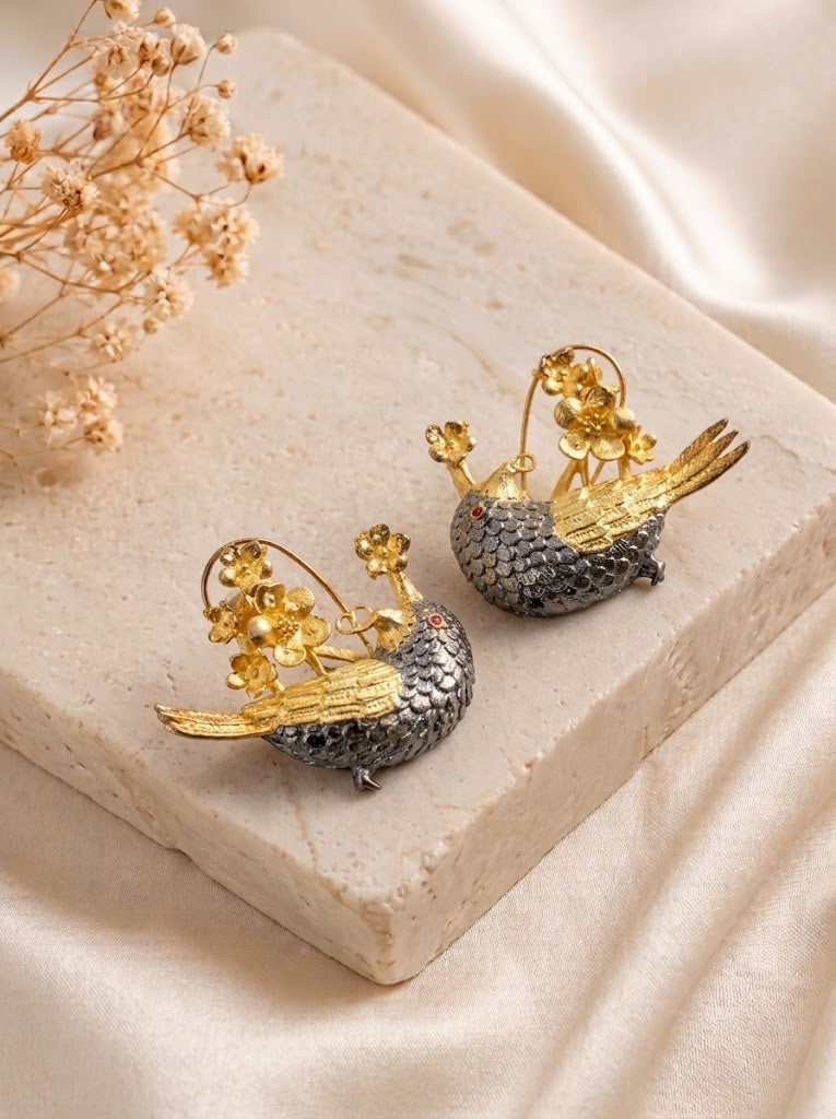Camilla handcrafted 22kt Gold plated designer bird earrings with semi-precious gemstones