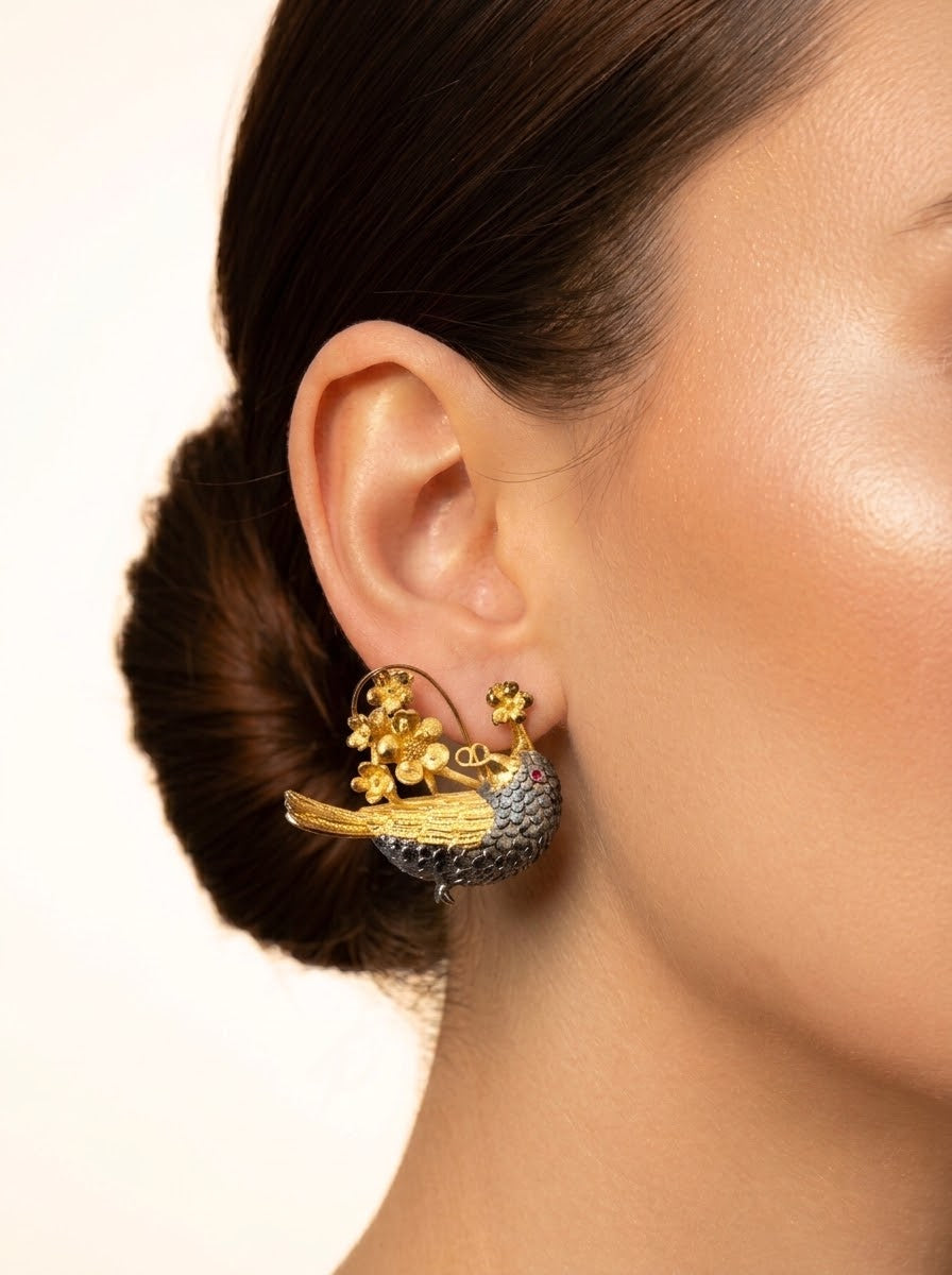 Camilla handcrafted 22kt Gold plated designer bird earrings with semi-precious gemstones