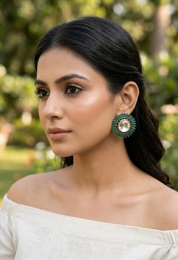 Cila emerald polki kundan studs in rhodium plating with semi precious gemstone