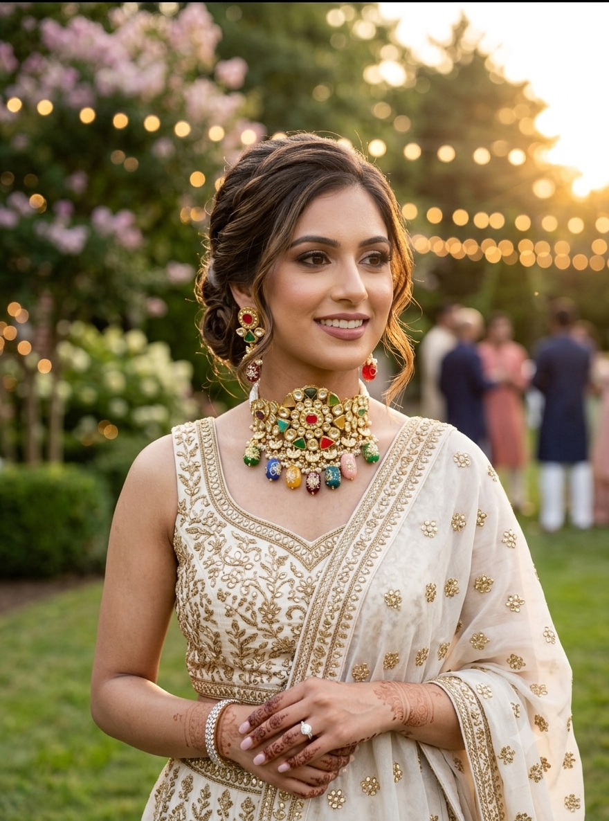 Damna handcrafted 22kt gold plated choker set with authentic Polki Kundan, hand-painted meena, Nauratan stones, pearls and natural gemstones