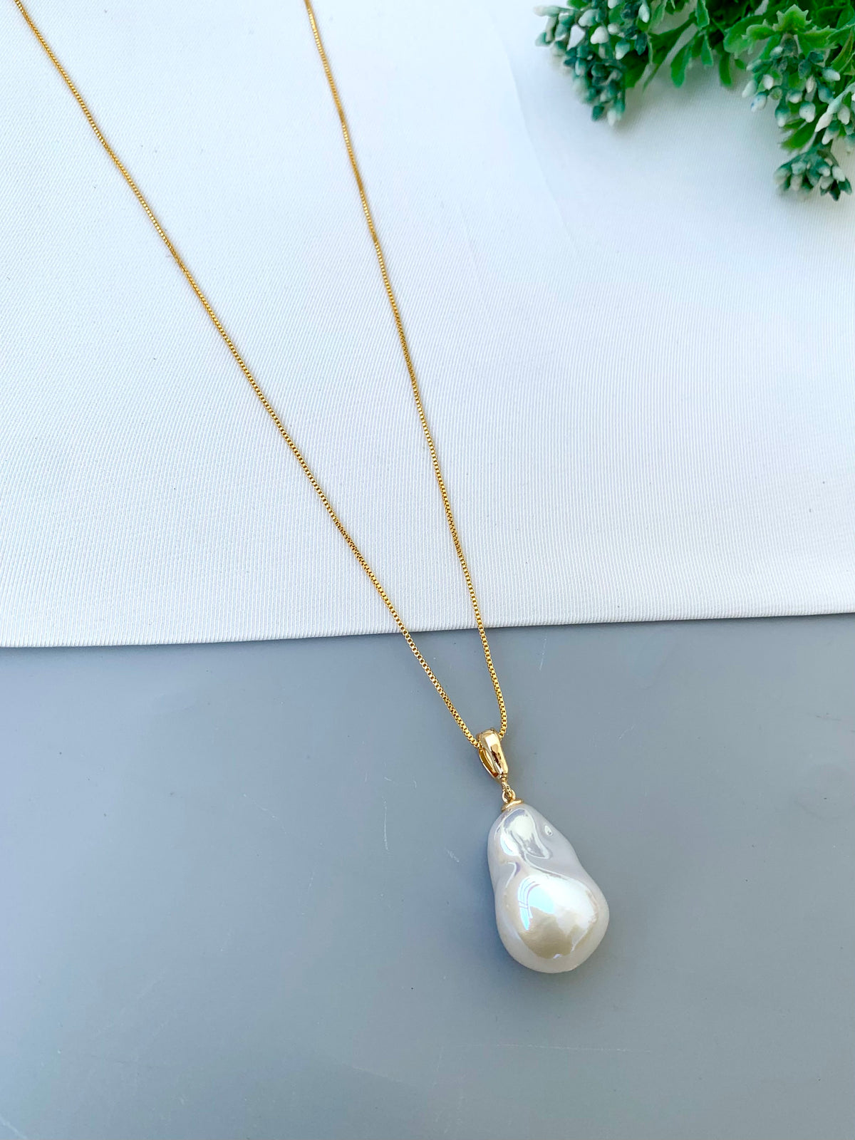 Despina handcrafted 22kt matte Gold plated chain with semi-precious Pearl pendant