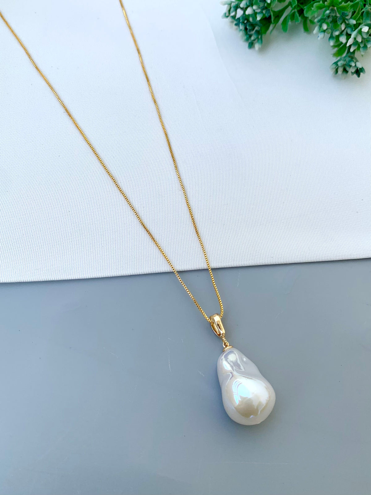 Despina handcrafted 22kt matte Gold plated chain with semi-precious Pearl pendant