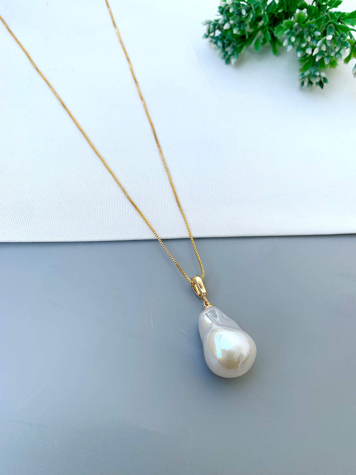 Despina handcrafted 22kt matte Gold plated chain with semi-precious Pearl pendant