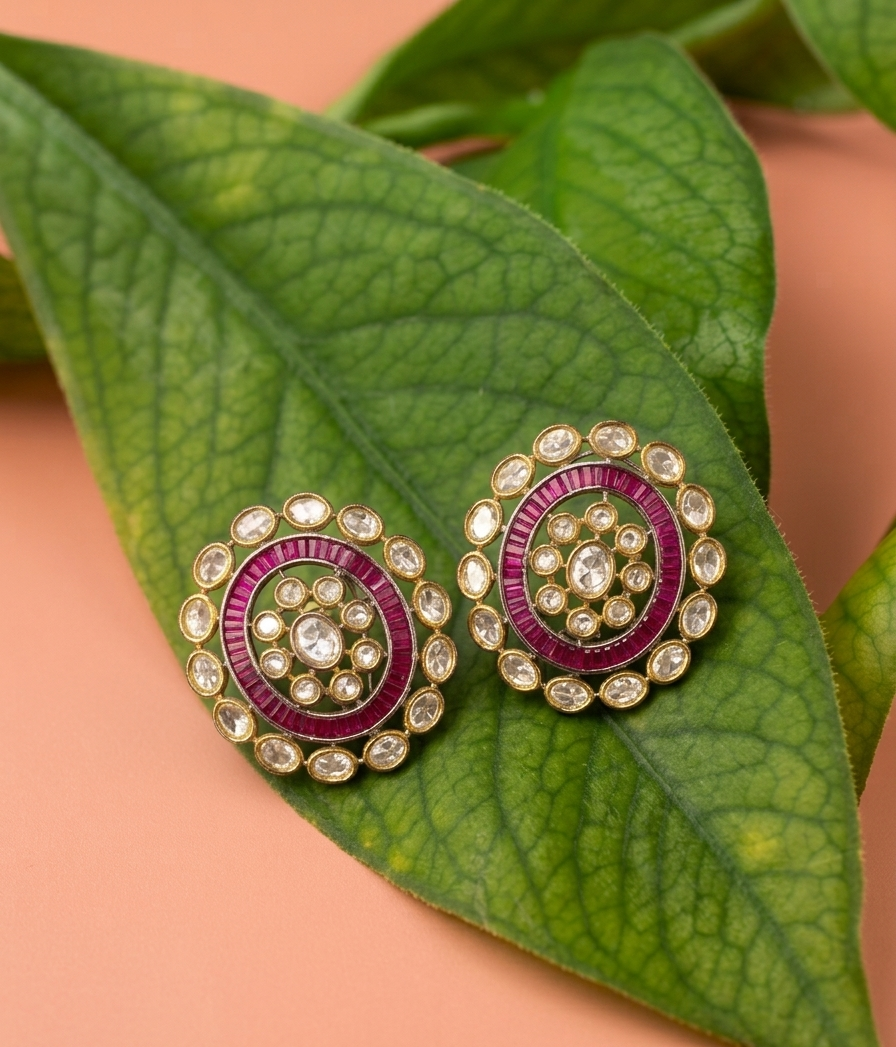 Diana handcrafted oversized Victorian gold plated studs with Polki Kundan and semi-precious ruby stones