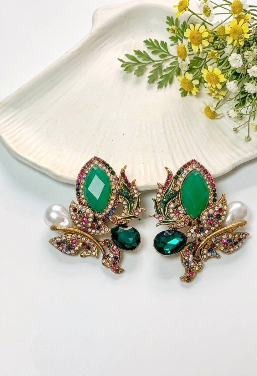 Disha emerald pearl earrings in gold plating with Turkish crystals