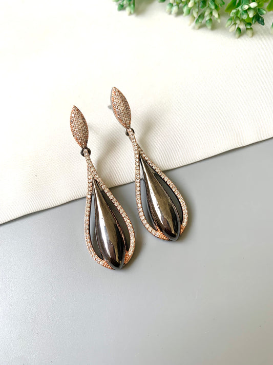 Elira Noir Earrings in 22kt Rose Gold Black oxidized plating with American Diamonds by Zamal Jewels