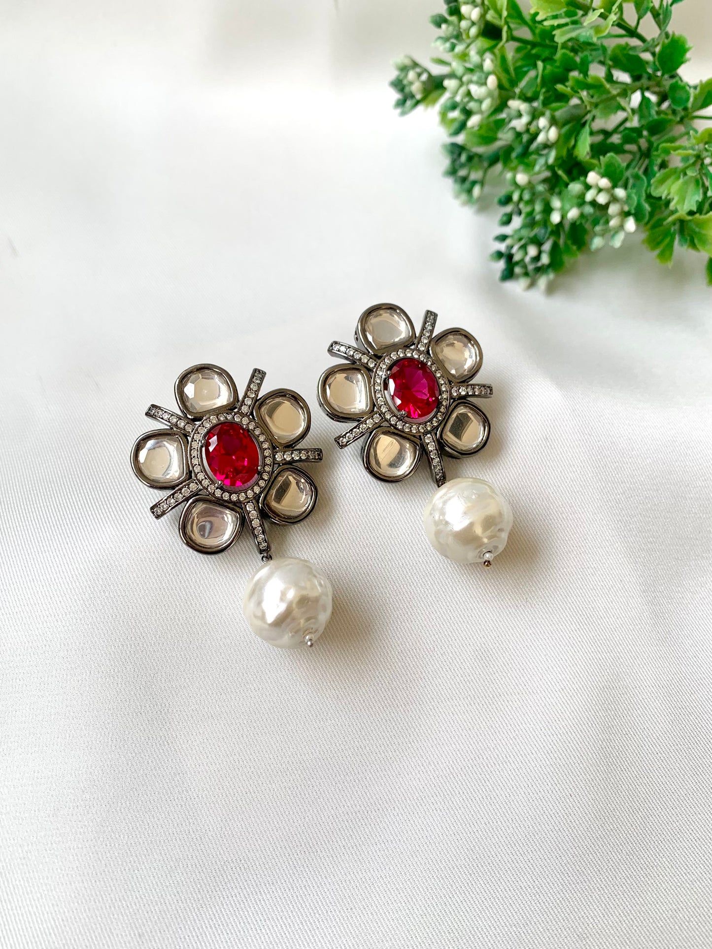 Ruby polki kundan earrings with baroque pearl drops in rhodium finish