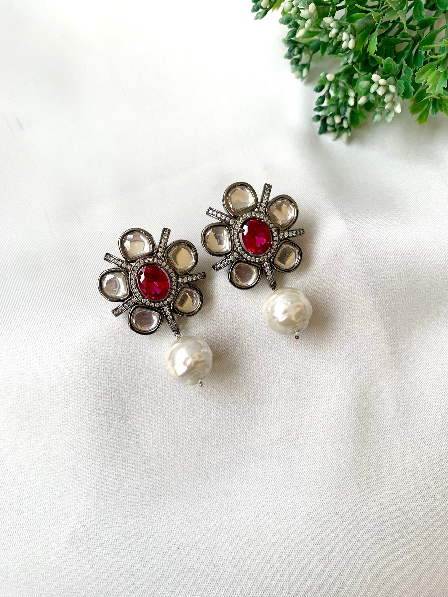 Ruby polki kundan earrings with baroque pearl drops in rhodium finish