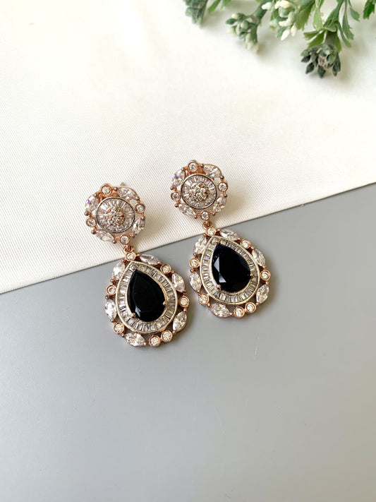 Handcrafted Victorian rose gold earrings with semi-precious sapphires and American diamonds by Zamal Jewels.