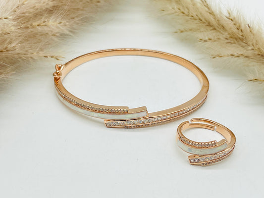 Rose gold handcrafted bangle and adjustable ring combo with American Diamonds and real Mother of Pearls by Zamal Jewels